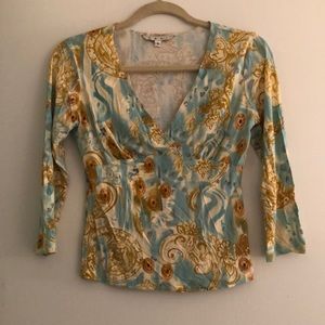 CAbi crossover faux wrap 3/4 sleeve. material. Flattering very comfortable Sz S